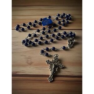VTG Blue Bead Rosary Sacred Heart Of Jesus Christian Religious Silver Tone NOS